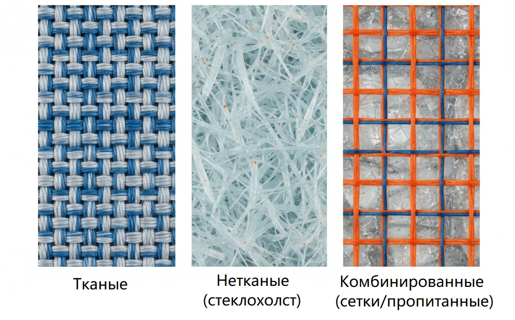 Виды стеклоткани(макроизображение структуры материалов)